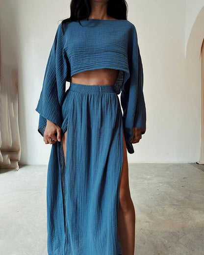 Zweiteiliges Damen Sommer-Set – Crop Top mit Fledermausärmeln & Maxirock mit Schlitz im Boho-Stil