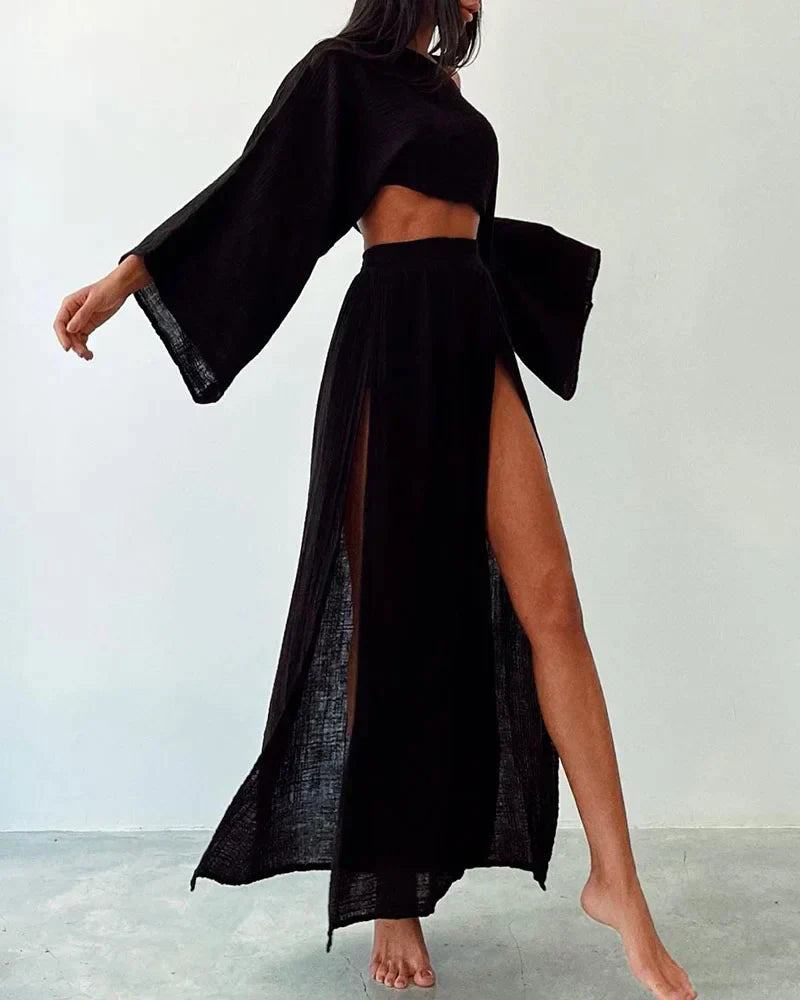 Zweiteiliges Damen Sommer-Set – Crop Top mit Fledermausärmeln & Maxirock mit Schlitz im Boho-Stil