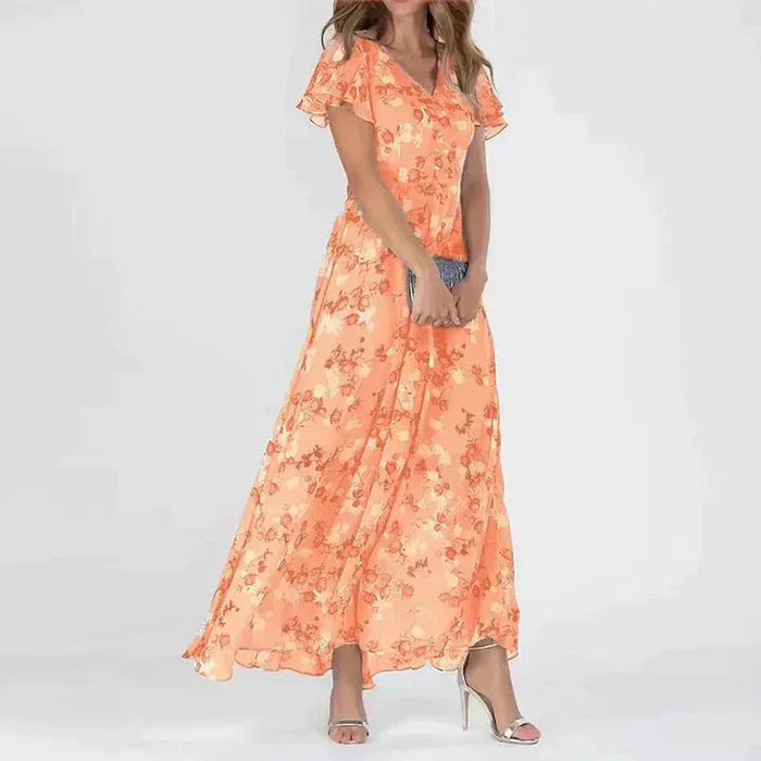 Romantisches Maxikleid mit floraler Chiffon-Optik und V-Ausschnitt – Luftiges Sommerkleid für Hochzeit, Gartenparty & Alltag