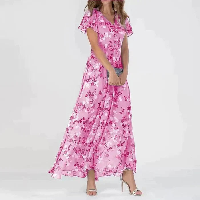 Romantisches Maxikleid mit floraler Chiffon-Optik und V-Ausschnitt – Luftiges Sommerkleid für Hochzeit, Gartenparty & Alltag
