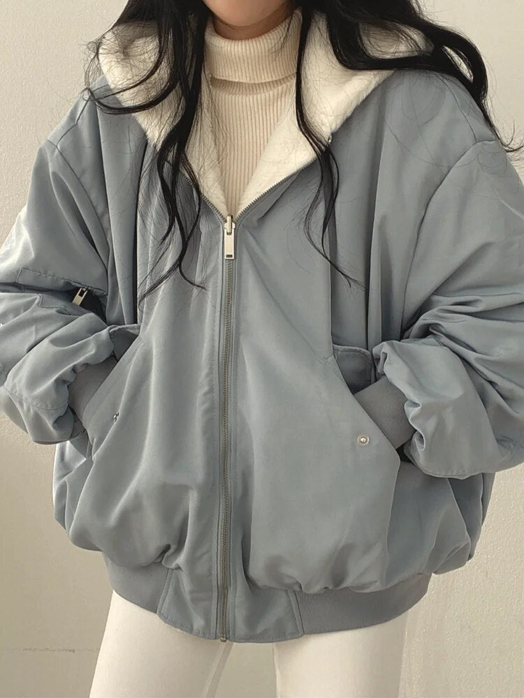 Oversize Damen Winterjacke mit Teddykragen – Gefütterte Übergangsjacke mit Reißverschluss