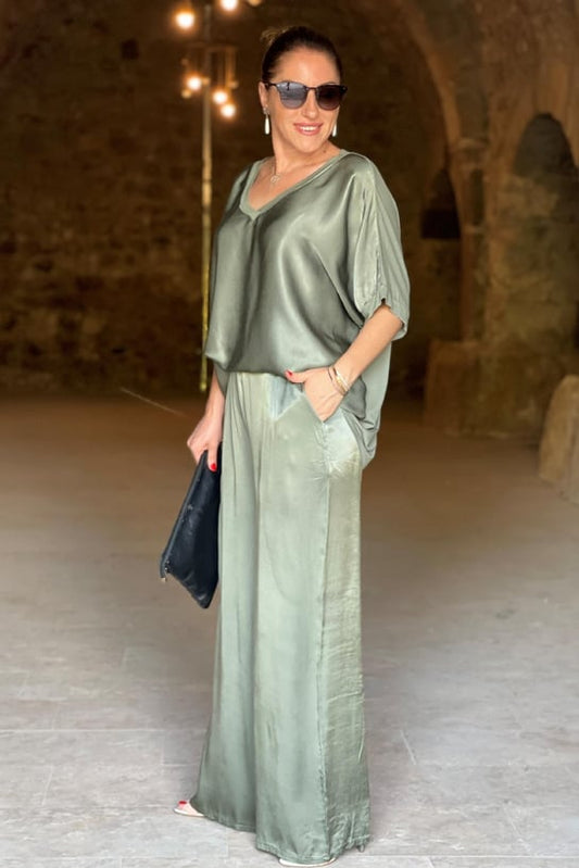 Zweiteiliges Damen Set mit Satin-Optik – Elegantes Blusenshirt & Weite Hose für Events, Urlaub & Alltag