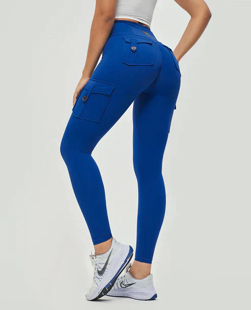 High-Waist Damen Sport Leggings mit Cargotaschen und figurformender Passform für Workouts und Freizeit