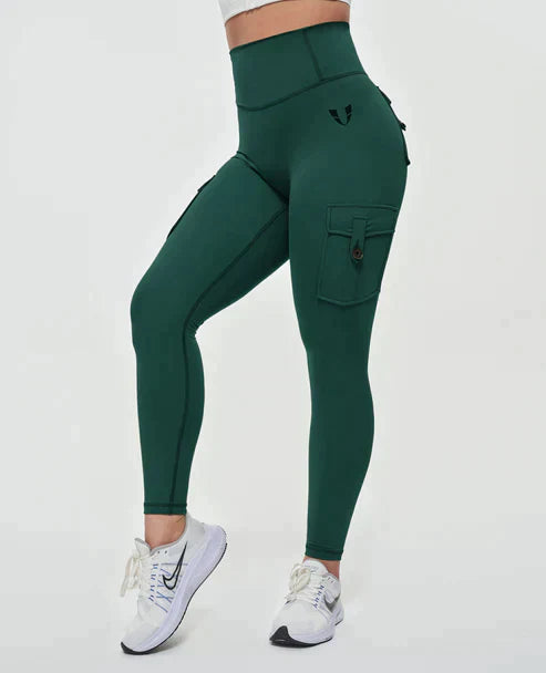 High-Waist Damen Sport Leggings mit Cargotaschen und figurformender Passform für Workouts und Freizeit