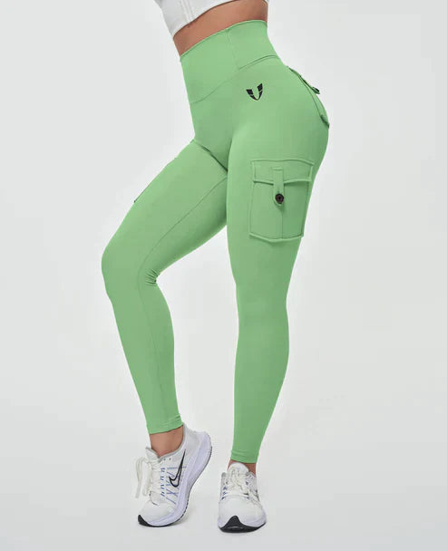 High-Waist Damen Sport Leggings mit Cargotaschen und figurformender Passform für Workouts und Freizeit