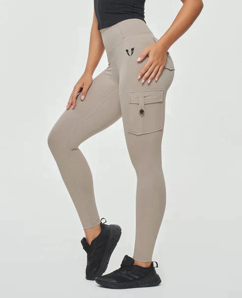 High-Waist Damen Sport Leggings mit Cargotaschen und figurformender Passform für Workouts und Freizeit