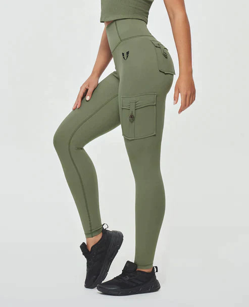 High-Waist Damen Sport Leggings mit Cargotaschen und figurformender Passform für Workouts und Freizeit
