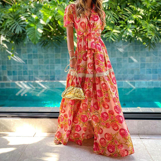 Boho Maxikleid mit floralem Muster – luftiges Sommerkleid für Urlaub & Strand