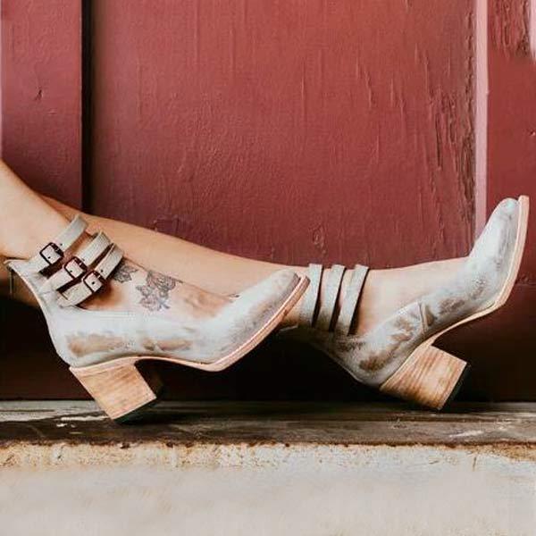 Vintage Blockabsatz Stiefeletten mit Doppelriemen – Boho Lederlook für Damen