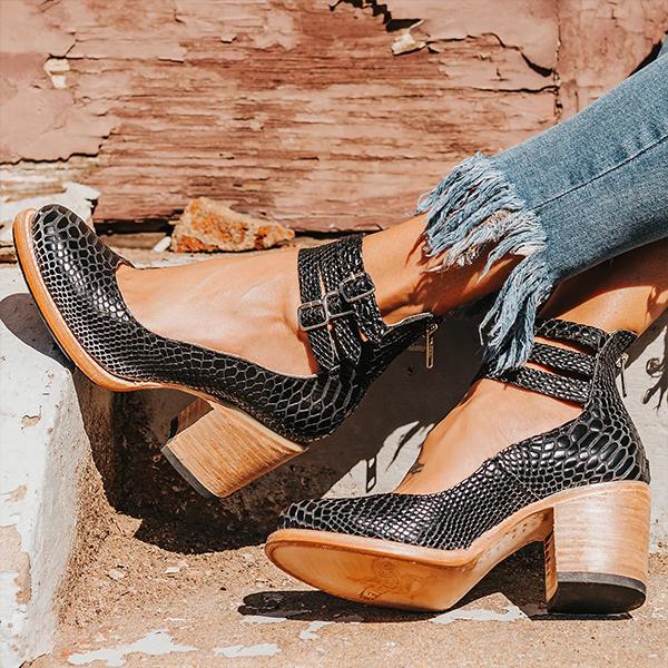 Vintage Blockabsatz Stiefeletten mit Doppelriemen – Boho Lederlook für Damen