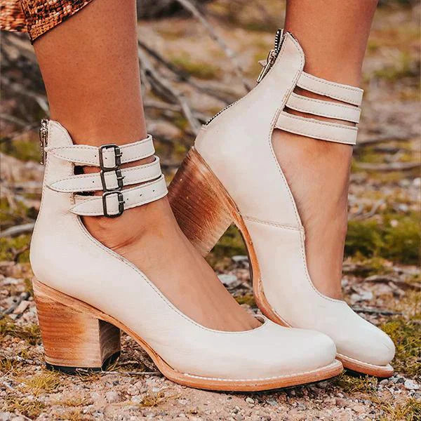 Vintage Blockabsatz Stiefeletten mit Doppelriemen – Boho Lederlook für Damen