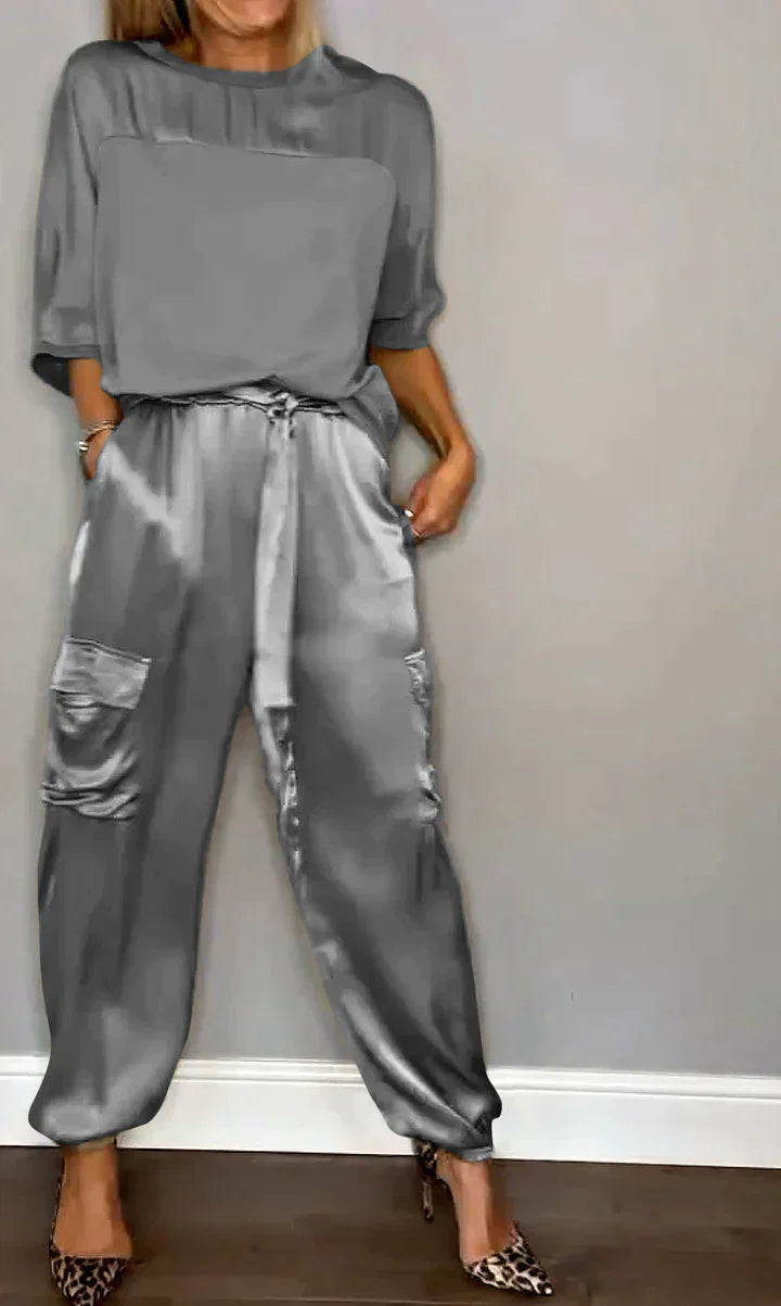 Zweiteiler Set für Damen aus Satin mit Cargo-Hose & lockerem Oberteil – Luxuriöses Lounge Outfit für Alltag & Events