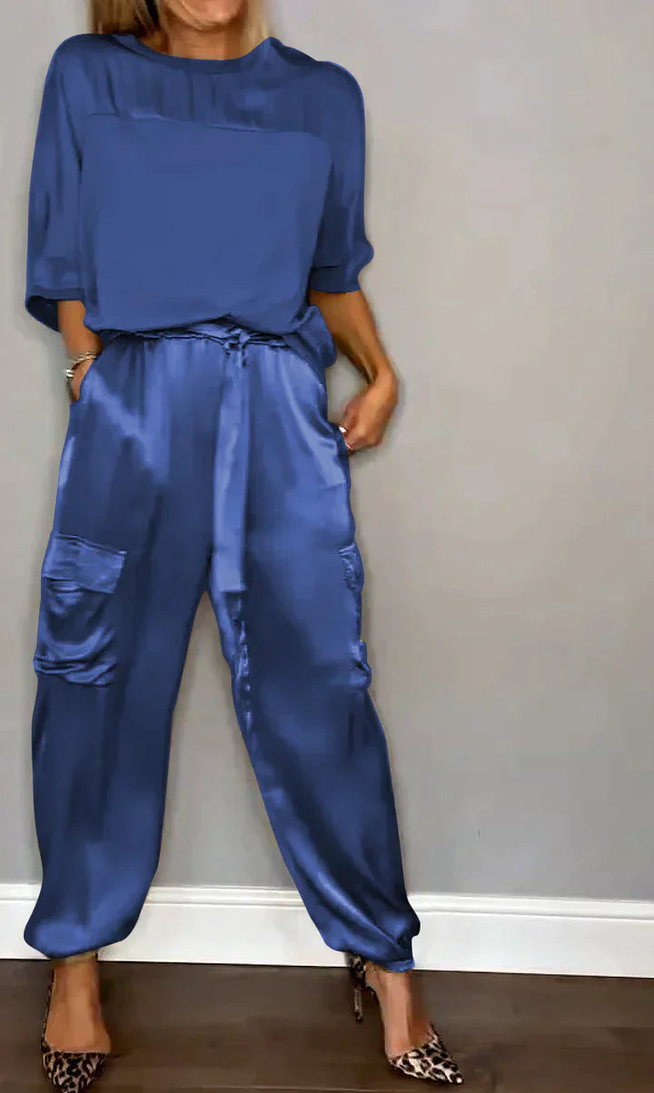 Zweiteiler Set für Damen aus Satin mit Cargo-Hose & lockerem Oberteil – Luxuriöses Lounge Outfit für Alltag & Events