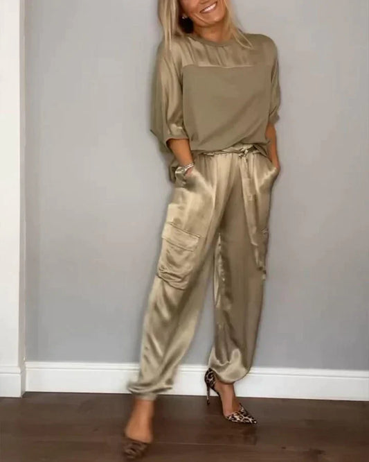Zweiteiler Set für Damen aus Satin mit Cargo-Hose & lockerem Oberteil – Luxuriöses Lounge Outfit für Alltag & Events
