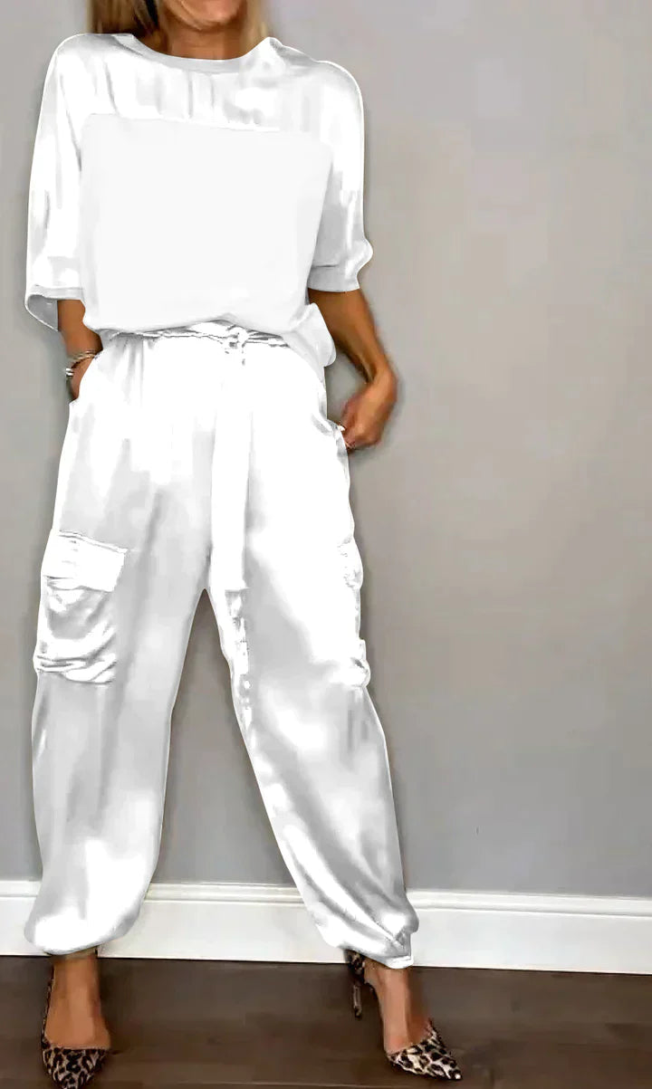 Zweiteiler Set für Damen aus Satin mit Cargo-Hose & lockerem Oberteil – Luxuriöses Lounge Outfit für Alltag & Events