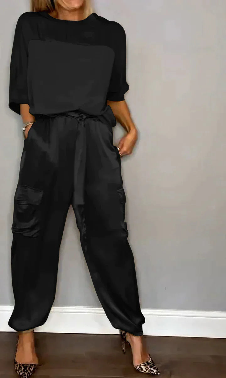 Zweiteiler Set für Damen aus Satin mit Cargo-Hose & lockerem Oberteil – Luxuriöses Lounge Outfit für Alltag & Events