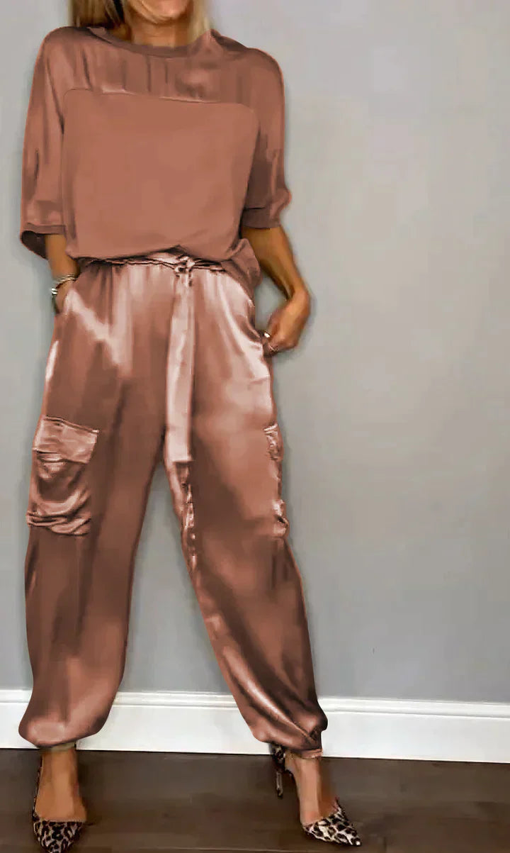 Zweiteiler Set für Damen aus Satin mit Cargo-Hose & lockerem Oberteil – Luxuriöses Lounge Outfit für Alltag & Events