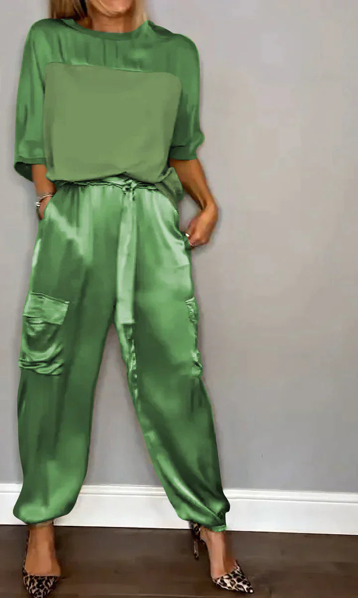 Zweiteiler Set für Damen aus Satin mit Cargo-Hose & lockerem Oberteil – Luxuriöses Lounge Outfit für Alltag & Events