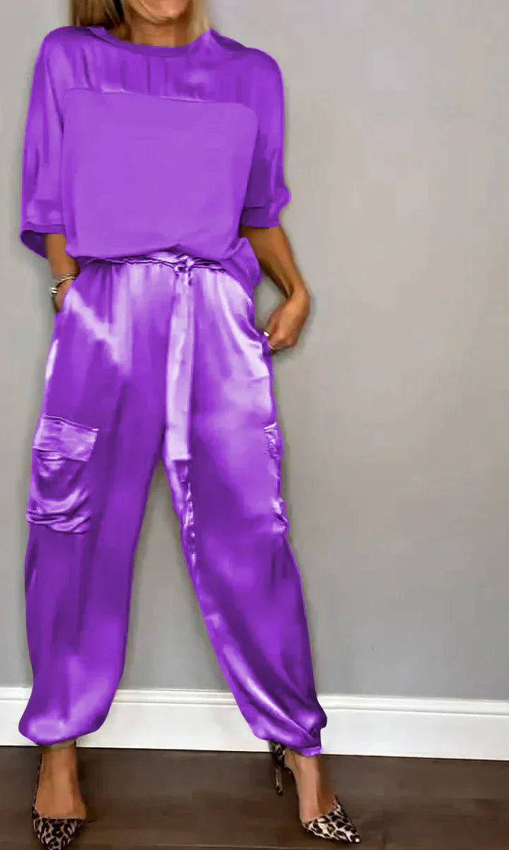 Zweiteiler Set für Damen aus Satin mit Cargo-Hose & lockerem Oberteil – Luxuriöses Lounge Outfit für Alltag & Events