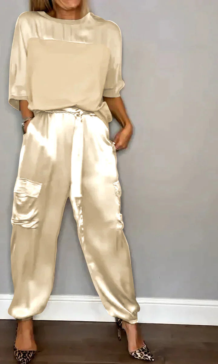 Zweiteiler Set für Damen aus Satin mit Cargo-Hose & lockerem Oberteil – Luxuriöses Lounge Outfit für Alltag & Events