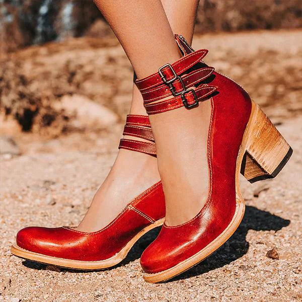 Vintage Blockabsatz Stiefeletten mit Doppelriemen – Boho Lederlook für Damen