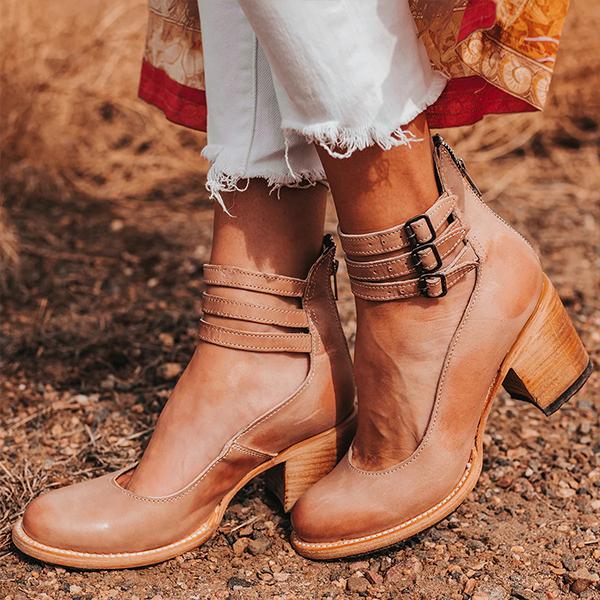 Vintage Blockabsatz Stiefeletten mit Doppelriemen – Boho Lederlook für Damen