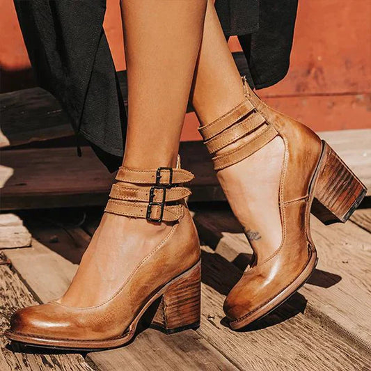 Vintage Blockabsatz Stiefeletten mit Doppelriemen – Boho Lederlook für Damen