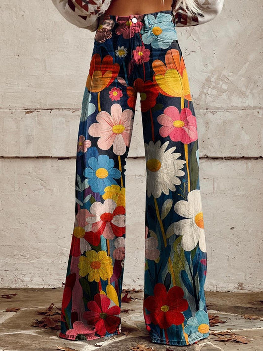 High Waist Schlagjeans mit Blumenmuster – Retro Wide Leg Hose für Damen im Festival-Look