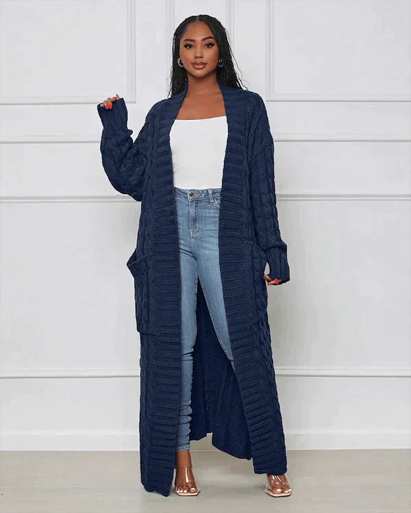 Langer Strick-Cardigan mit Zopfmuster & Taschen – Kuscheliger Oversize Mantel für Herbst, Winter & Freizeit