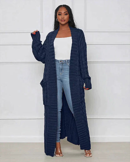 Langer Strick-Cardigan mit Zopfmuster & Taschen – Kuscheliger Oversize Mantel für Herbst, Winter & Freizeit