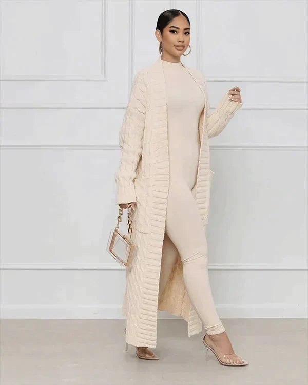 Langer Strick-Cardigan mit Zopfmuster & Taschen – Kuscheliger Oversize Mantel für Herbst, Winter & Freizeit