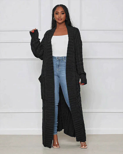 Langer Strick-Cardigan mit Zopfmuster & Taschen – Kuscheliger Oversize Mantel für Herbst, Winter & Freizeit