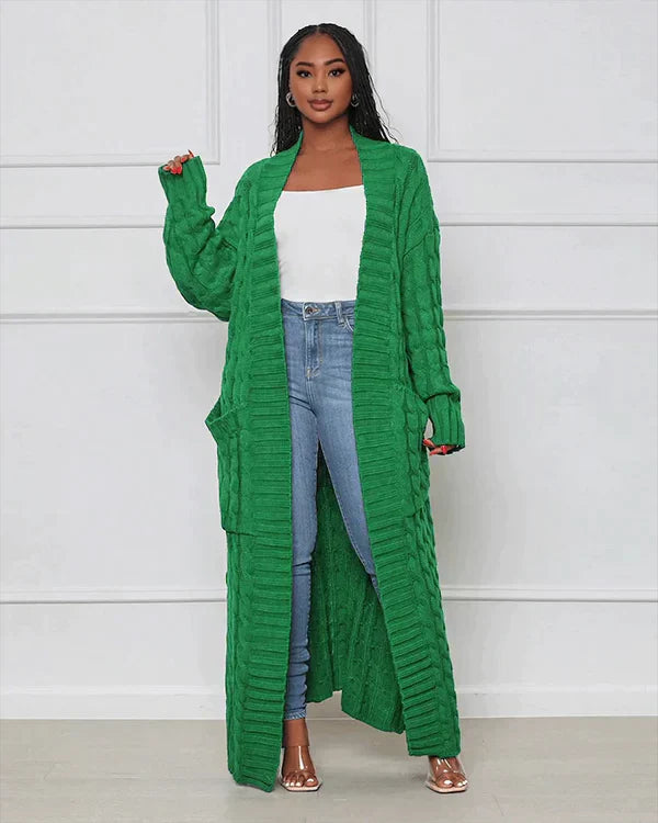 Langer Strick-Cardigan mit Zopfmuster & Taschen – Kuscheliger Oversize Mantel für Herbst, Winter & Freizeit