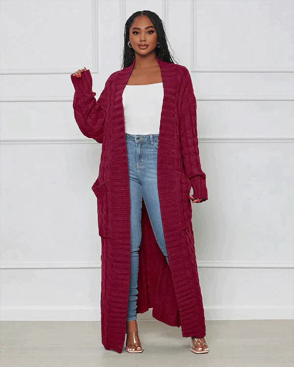 Langer Strick-Cardigan mit Zopfmuster & Taschen – Kuscheliger Oversize Mantel für Herbst, Winter & Freizeit