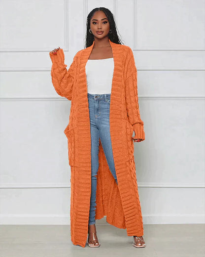 Langer Strick-Cardigan mit Zopfmuster & Taschen – Kuscheliger Oversize Mantel für Herbst, Winter & Freizeit