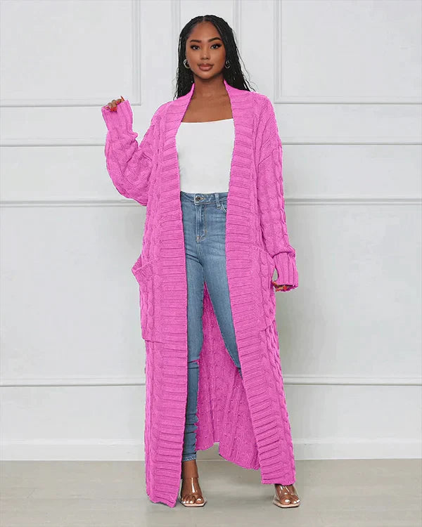 Langer Strick-Cardigan mit Zopfmuster & Taschen – Kuscheliger Oversize Mantel für Herbst, Winter & Freizeit