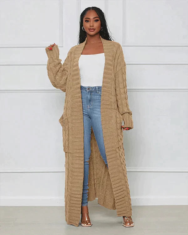 Langer Strick-Cardigan mit Zopfmuster & Taschen – Kuscheliger Oversize Mantel für Herbst, Winter & Freizeit