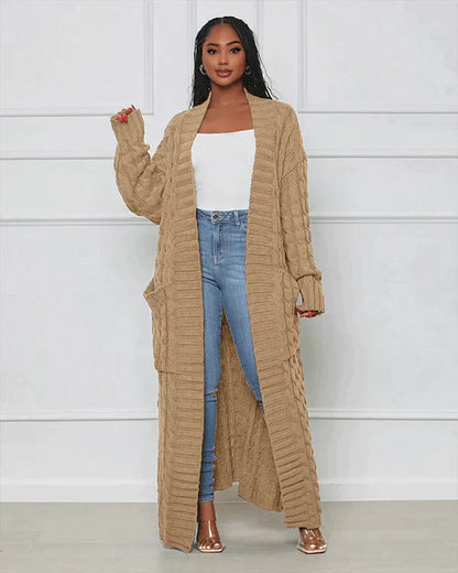 Langer Strick-Cardigan mit Zopfmuster & Taschen – Kuscheliger Oversize Mantel für Herbst, Winter & Freizeit