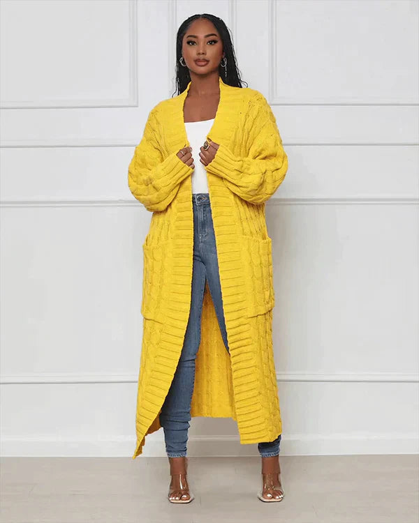 Langer Strick-Cardigan mit Zopfmuster & Taschen – Kuscheliger Oversize Mantel für Herbst, Winter & Freizeit