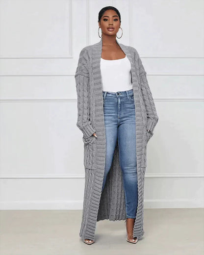 Langer Strick-Cardigan mit Zopfmuster & Taschen – Kuscheliger Oversize Mantel für Herbst, Winter & Freizeit