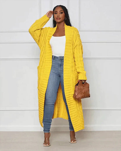 Langer Strick-Cardigan mit Zopfmuster & Taschen – Kuscheliger Oversize Mantel für Herbst, Winter & Freizeit