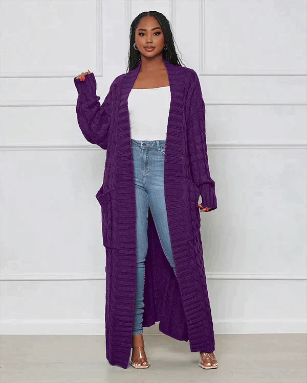 Langer Strick-Cardigan mit Zopfmuster & Taschen – Kuscheliger Oversize Mantel für Herbst, Winter & Freizeit