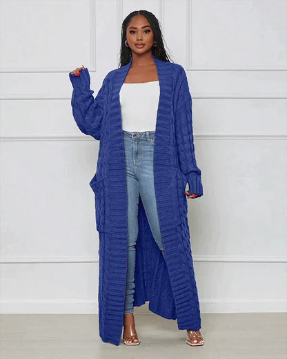 Langer Strick-Cardigan mit Zopfmuster & Taschen – Kuscheliger Oversize Mantel für Herbst, Winter & Freizeit