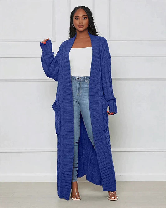 Langer Strick-Cardigan mit Zopfmuster & Taschen – Kuscheliger Oversize Mantel für Herbst, Winter & Freizeit