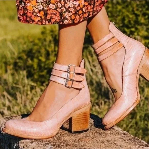 Vintage Blockabsatz Stiefeletten mit Doppelriemen – Boho Lederlook für Damen