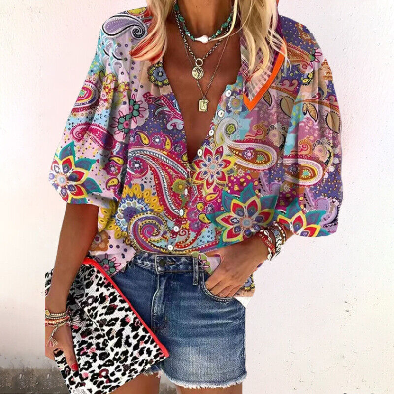 Vintage Boho Damenbluse mit floralem Print und Knopfleiste – Lockerer Oversize-Look für Alltag, Sommer & Urlaub