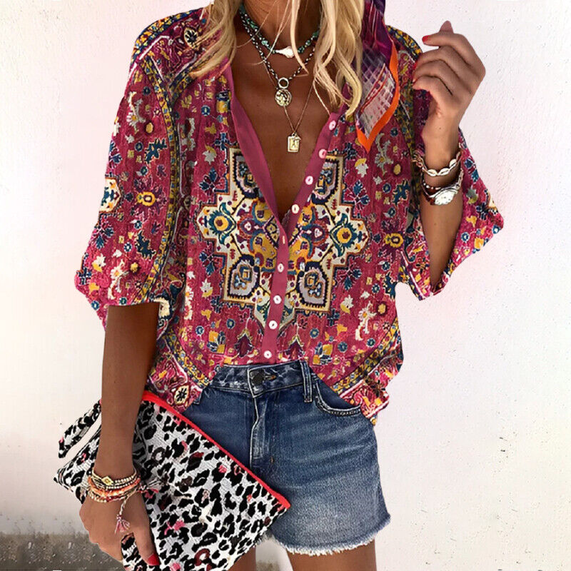 Vintage Boho Damenbluse mit floralem Print und Knopfleiste – Lockerer Oversize-Look für Alltag, Sommer & Urlaub