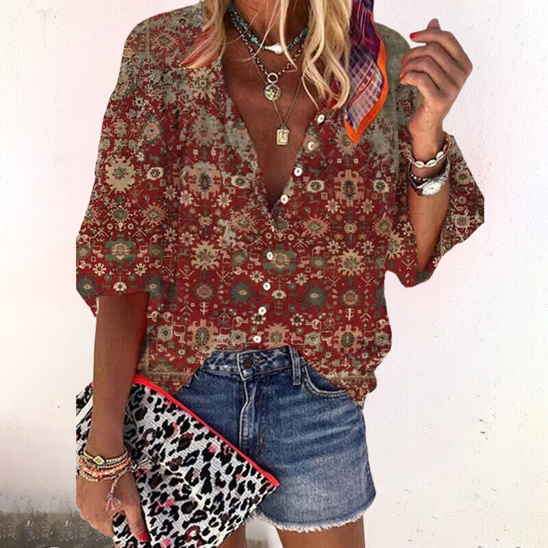 Vintage Boho Damenbluse mit floralem Print und Knopfleiste – Lockerer Oversize-Look für Alltag, Sommer & Urlaub