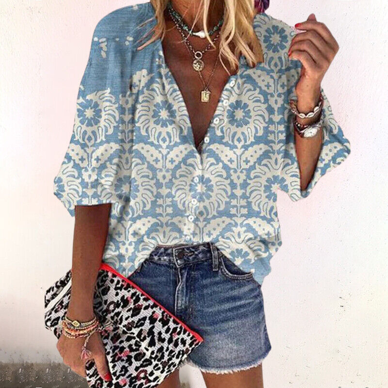 Vintage Boho Damenbluse mit floralem Print und Knopfleiste – Lockerer Oversize-Look für Alltag, Sommer & Urlaub
