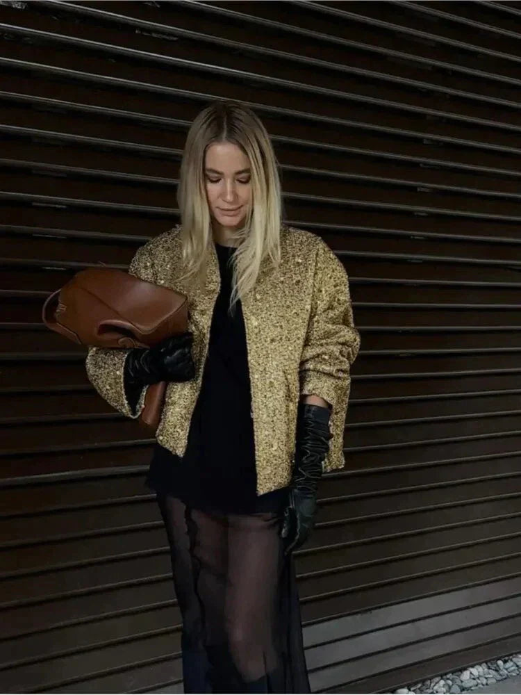 Kastige Bouclé-Jacke mit Pailletten & Oversized Fit – Modischer Blazer-Style für besondere Outfits